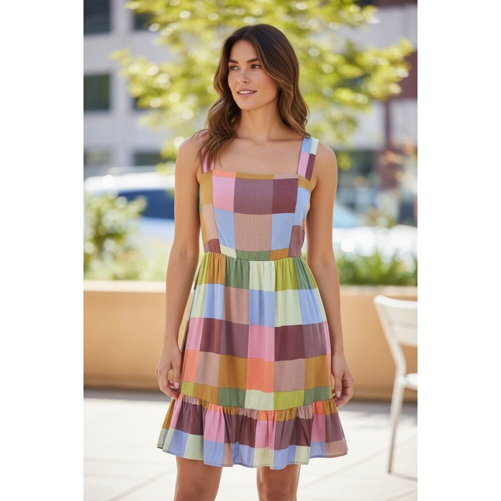 REWIND SUNDRESS MULTICOLOR PLAID OPEN BACK W/TIE STRAPPY RAYON MINI SIZE M NWT